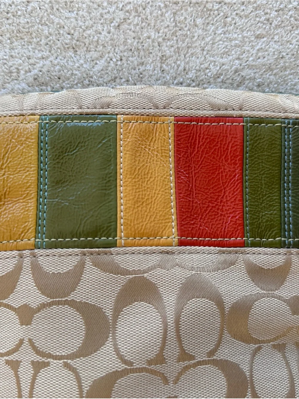 Coach Beige Signature Crossbody with Green, Yellow and Red Leather Stripes Y2K
